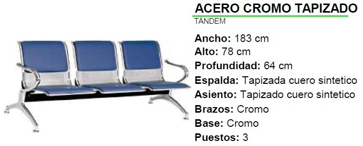 SILLA TANDEM ACERO CROMO TAPIZZADO 183 CM