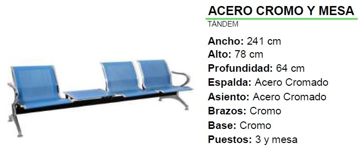 SILLA TANDEM ACERO CROMO Y MESA 241 CM